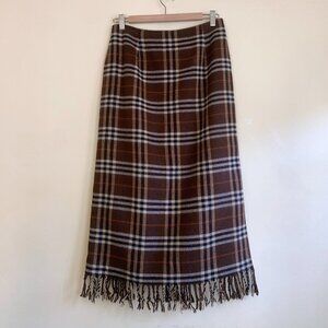 Worthington Brown Plaid Fringe Midi Skirt Wool Blend Women's Size 8